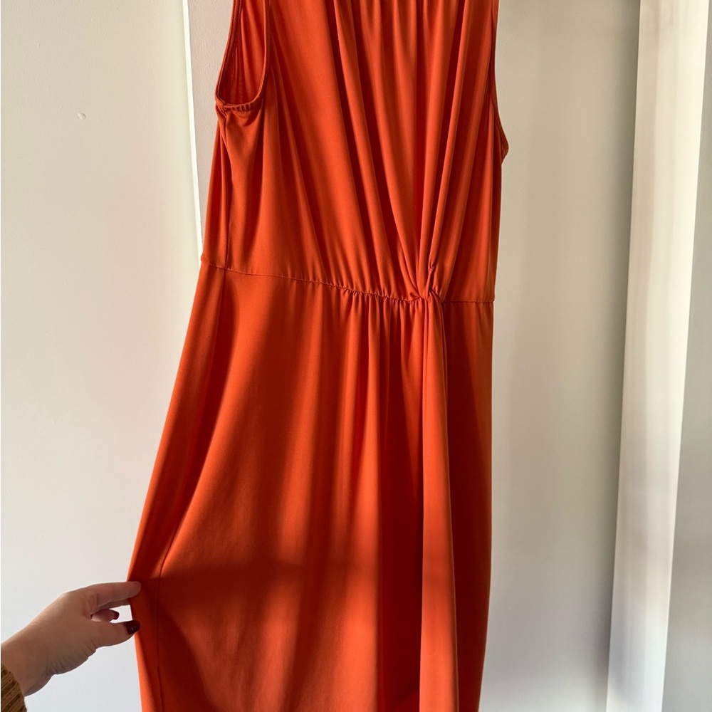Vibrant Orange Faux Wrap Midi Dress